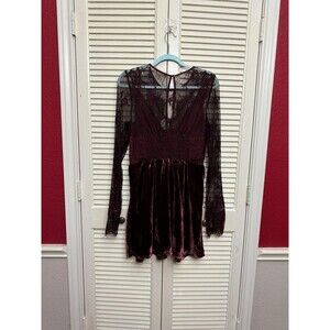 Free People Marlie Lace Mini Dress Velvet Sheer Garnet Smocked Bell Sleeve NEW M